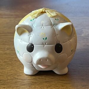 Vintage 1985 Enesco Ceramic Quilted Mini Piggy Bank with Yellow Bow